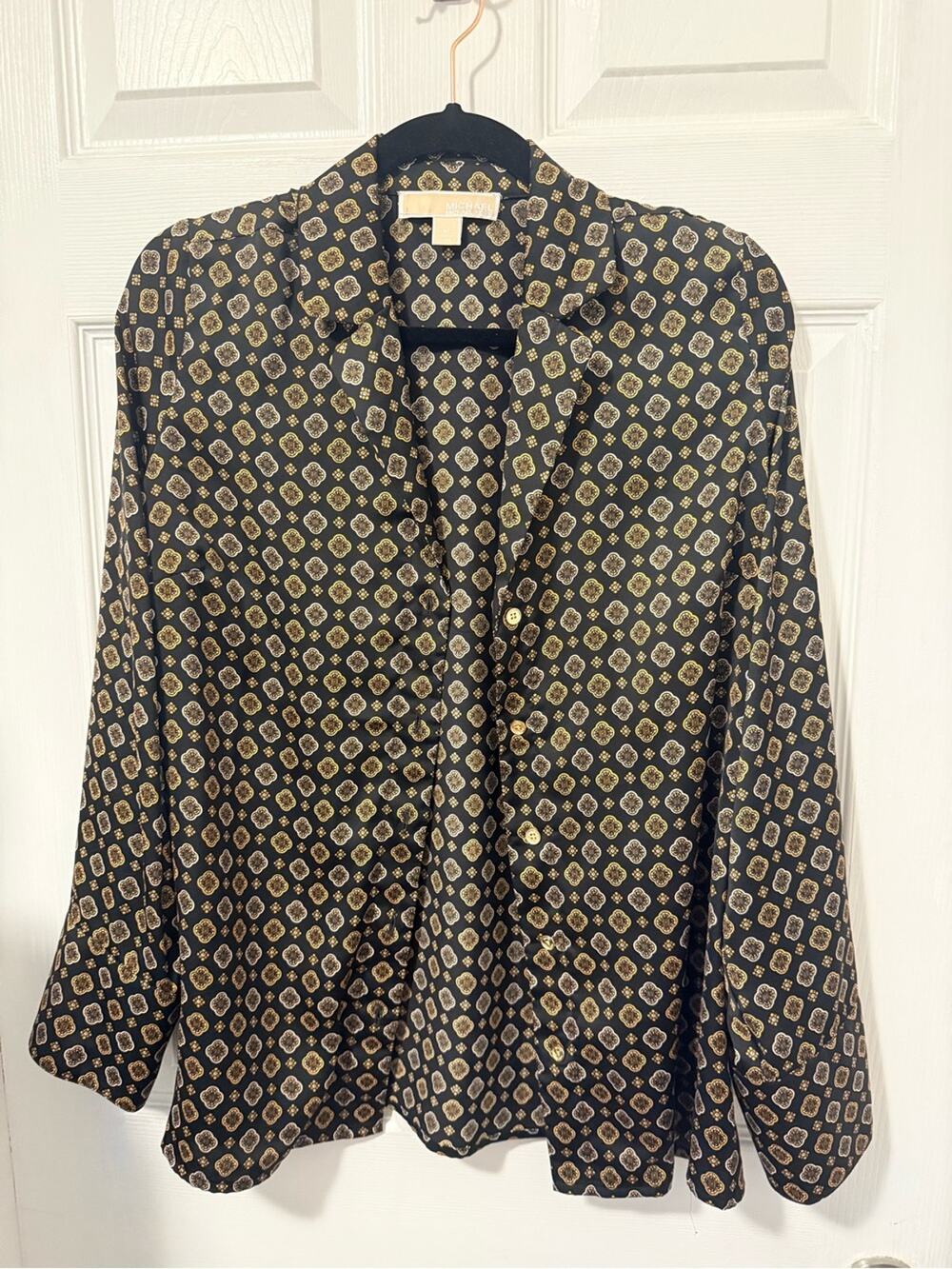 Michael Kors Black & Gold Printed Button-Up Blouse Size M